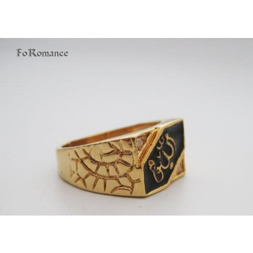 YELLOW GOLD PLATED CZ STONES BLACK ENAMELLED ALLAH MUSLIN GOD RING UNIQUE DESIGN GREAT GIFT RING SZ 9