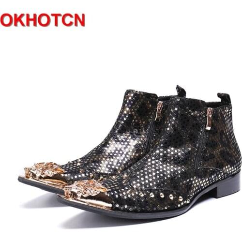 2019 Pointed Toe Cow Suede Ankle Boots Men Fashion Print Men Rock Boots Side Zip Black Gold Polka Dot Mens Leather Ankle Boots