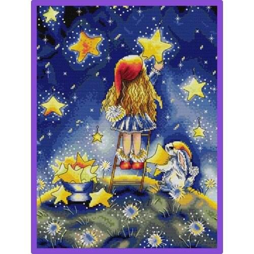 Girl Picking Stars Counted Cross Stitch Kits Patterns Canvas Embroidery Sets 11CT 14CT Diy Handmade Needlework Crafts Home Decor