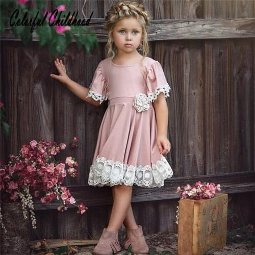 New fashion sweet cute Style childrens clothing girl Korean pink mini dress bell sleeve lace pleated dress