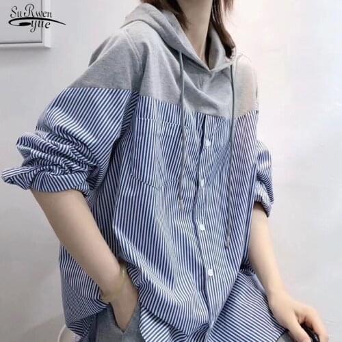 New 2021 Button Up Striped Shirt Women Casual Tops Female Korean Loose Student Blouse Sweatshirts Plus Size Clothing 11943