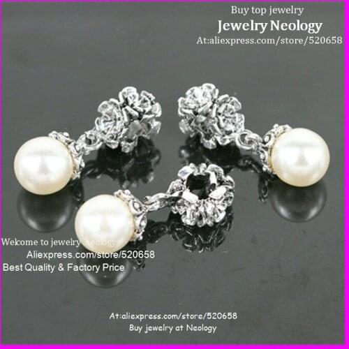 New arrival ! Wholesale 50pcs/lot Clear Rhinestone white pearl pendant Alloy Spacer Big Hole Charm Beads Fit European Bracelet