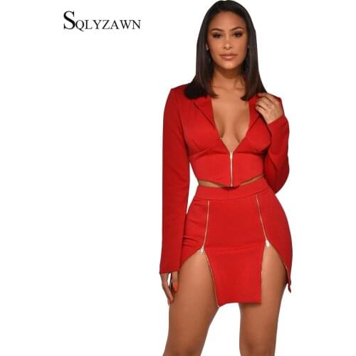 Sexy Women Jacket and Skirt Set Fashion Long Sleeve V-Neck Two Piece Set Women Zipper Casual Ladies Set Office Lady Outfits 2020