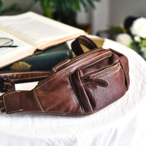 Retro simple unisex genuine leather waist bag top layer cowhide running cash register multifunctional shoulder bag chest bag