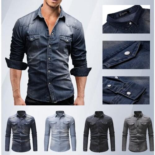 New Fashion Men Denim Shirt Mens Long Sleeve Soft Cotton Slim Jeans Shirts Male Cowboy Shirt XXXL