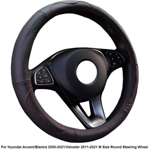 Cow True Leather Car Steering Wheel Cover For Hyundai Accent Elantra 2000 - 2021 Veloster 2011- 2021 M Size Round Steering Wheel