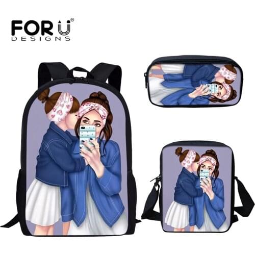 FORUDESIGNS Cartoon Mother and Daughter Pattern Backpack for Teen Girl Student Bookbags Lunch Bag and Pencil Bags 3Pcs Set Bolsa