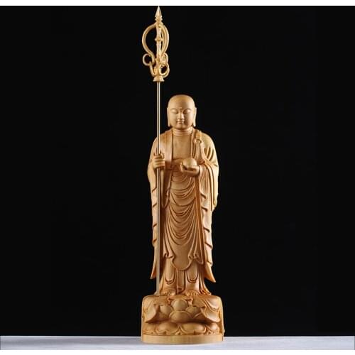 Boxwood 23cm Ksitigarbha Sculpture Worship Wood Figure Buddha Statue Monk Collection Home Decor