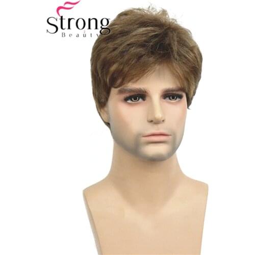 StrongBeauty Manly Short Brown Mixed Blonde Fluffy Straight Full Bang Capless Heat Resistant Fiber Synthetic Wig For Men