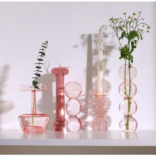 Pink Glass Vase Home Decoration Room Decoration Candle Holder Plant Hydroponic Flower Arrangement Container Wedding Decoration