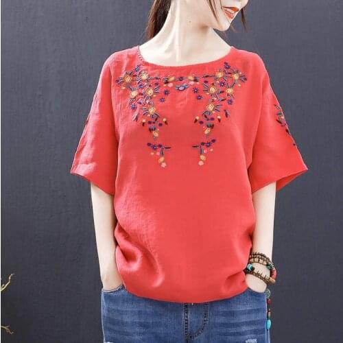 Cheshanf High Quality Casual Loose Ethnic Embroidery Blouse Women Summer Shirts Fashion Short Sleeve O Neck Boho Shirt Female