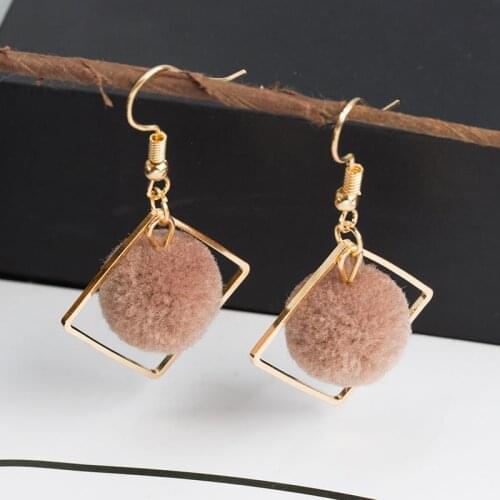 LATS New Khaki Hairball Earrings for Women Korean Pompon Cute Earrings Long Hoop Earings 2020 Fashion Jewelry