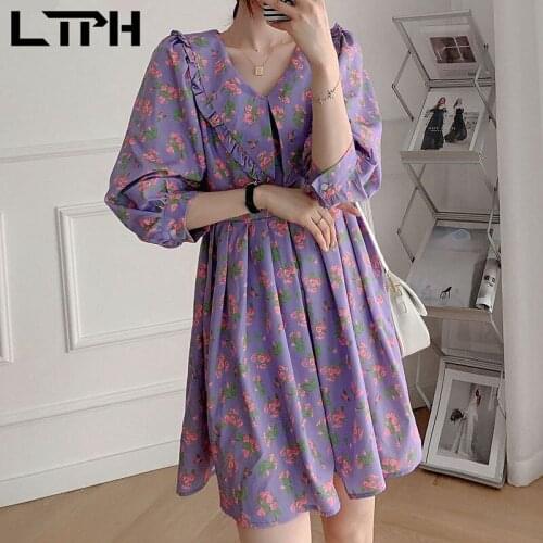 LTPH vintage floral dress women Peter Pan collar three-quarter sleeves elegant casual A-line dresses 2021 summer new