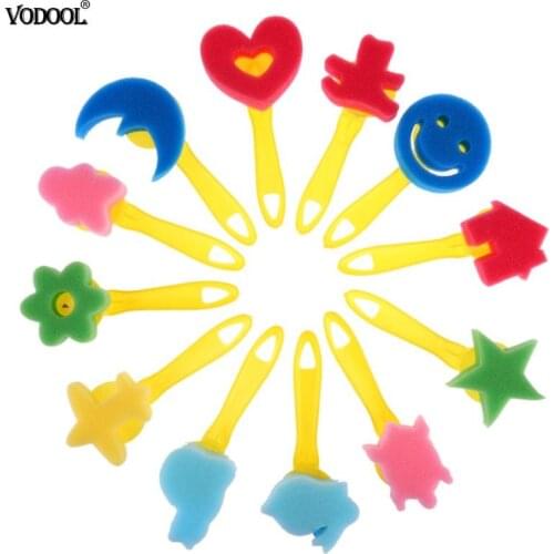 12pcs/set Paint Sponge Brush Mixed Pattern Colored Kids Child Art Graffiti Drawing Toy Plastic Handle Brushes School Tool Supply