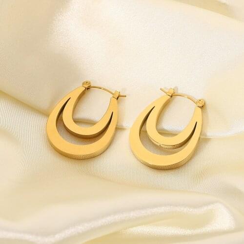 18k Gold Plated Stainless Steel Double Layer Oval Flat Hoop Earrings For Women Girls Trendy Geometric Earrings Jewelry