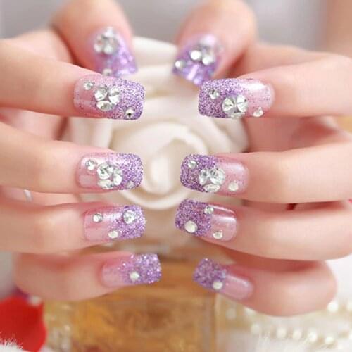 3D Glitter Party Artificial Nails Purple Color Shining Rhinestone Wedding Bride Nail Art Tips New Design Fake Nail With Glue