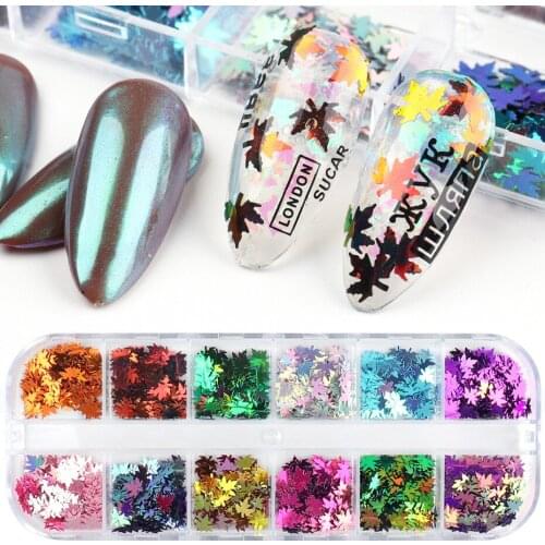 1 Box Maple Leaf Nail Salon Sequins Flakes Laser Mirror Glitter Holographic Paillettes Fall Nail Art Design 3D Sticker Manicure