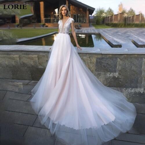 LORIE Bohemian Wedding Dresses 2020 Cap Sleeve A Line Lace Appliqued Boho Wedding Gowns Lacing Plus Size Beach Bridal Gowns