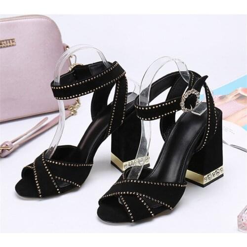 Summer new style vintage fashion womens shoes black suede Criss-Cross Rhinestone strappy ankle chunky high heels sandals