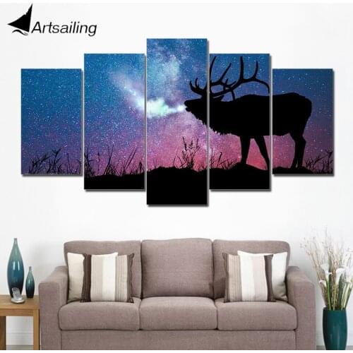 HD Printed 5 Piece Canvas Art Stag In Starry Night Large 5 Panel Canvas Art Wall Pictures for Living Room Free Shipping NY-7597C