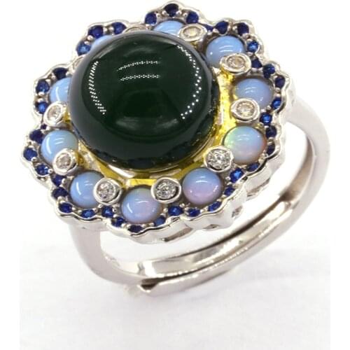 Amber Ring Natural Gemstones Mexico 5A Clean Blue Amber Dark Blue and Light Blue Accessory Stone Flower Type Round Bead Ring