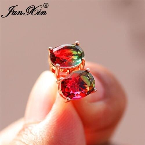Colorful Red Green Rainbow Fire Crystal Double Earrings Rose Gold Wedding Oval Stud Earrings For Women Zircon Ear Jewelry Gifts