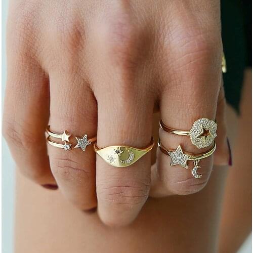 Minimalist Zircon CZ Moon Star Open Rings for Women Couples Charm Gold Double Layer Adjustable Finger Ring Retro Jewelry New