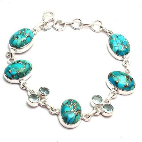 Genuine Blue Copper Turquoise + Blue Topaz Bracelet 925 Sterling Silver,19 cm, GRP0347