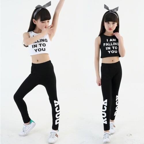 New children adult girl black white cotton hip hop belly dance costume jazz clothes sweatshirt trousers T-shirt crop top kid