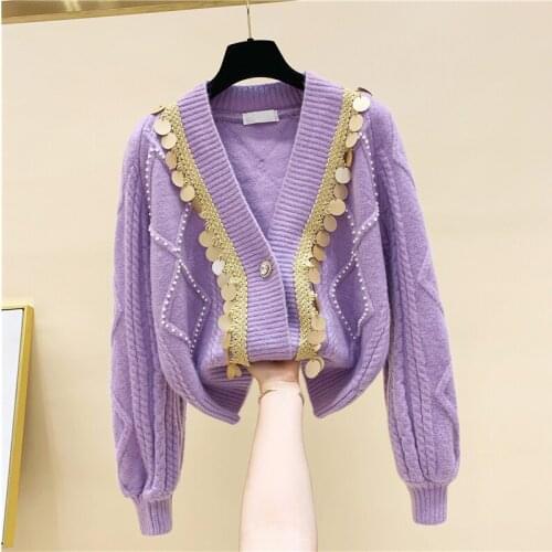 Heavy Industry Beaded Sequined V-neck Thicken Knit Cardigan Womens 2021 Spring And Autumn New Product Lazy Style Sweater Female