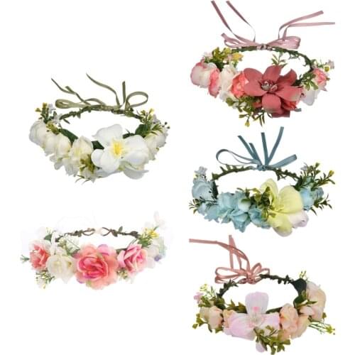 Adjustable Handmade Floral Crown Colorful Flower Hair Wreath with Ribbon Crown Adjustable Garland Wedding Photo Props