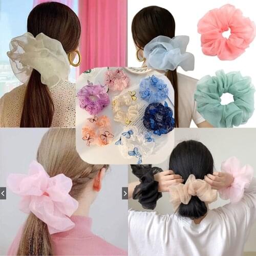 2020 Korean Large Butterfly Elastic Lace Cloth Shiny Mesh Hair Bands Women Girls Tie Hair Scrunchie Hair Rope Tulle Headwear