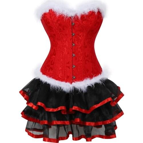 Christmas Santa Corset Dress Overbust Bustier Sexy Skirt Set Corselet Lingerie Burlesque Gothic Vintage Plus Size Costume Red