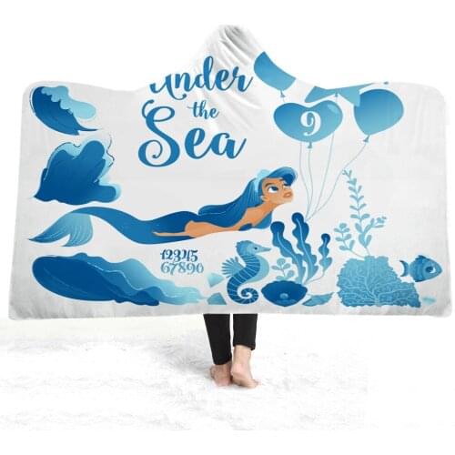Mermaid Hooded Blanket Plush Sherpa Blanket Under the Sea Wearable Blanket Winter Beach Blankets Sofa Cover White Background