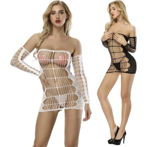 Candiway Sexy Fishnet mini dress long sleeve Mesh Body Stocking Female Erotic Lingerie teddy Sleepwear fantasy Intimates