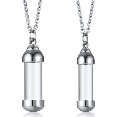 Stainless steel glass pendant openable perfume bottle pendant transparent urn jewelry for men and women N00624