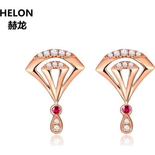 Solid 14k Rose Gold Women Natural Diamonds Engagement Wedding Earrings Genuine Ruby Stud Earrings Fine Jewelry