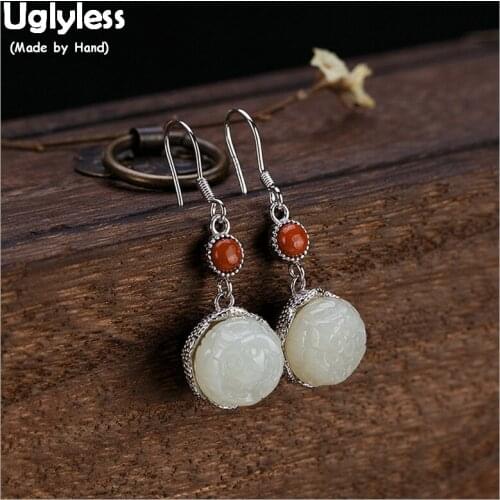 Uglyless Delicate Handmade Lotus Earrings Women Elegant Floral Fine Jewelry Natural Jade Solid 925 Silver Flower Earrings Agate