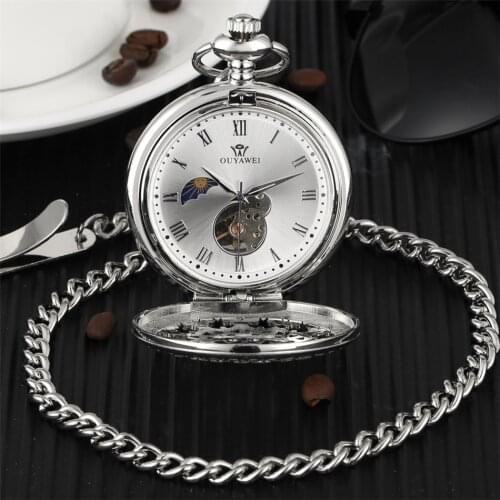 Vintage Hollow Spider Web Mechanical Pocket Watch Roman Numerals Sun Phase Display Manual Mechanism Pocket Clock Fob Chain