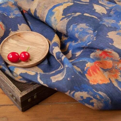 High end pure linen fabric Ink painting printing tissu Spring and autumn womens fashion dress sewing