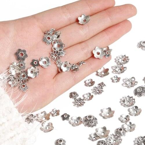 50pcs/lot Mixed Size Tibetan Antique Silver Color Flower Bead Needlework Diy Accessories End Caps For Jewelry Making Findings