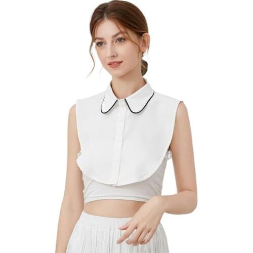 Women Contrast Piping Rounded Lapel False Collar Button Down Decorative White Half Shirt Blouse Layering Dickey LX9E