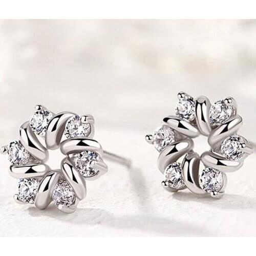 Silver Plated Zircon Flower Stud Earrings For Women oorbellen brincos pendientes Jewelry Dropshipping