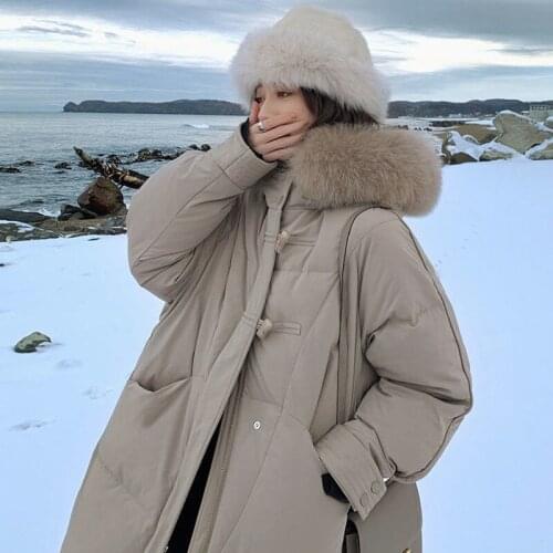 2020 New Winter Real Raccoon Fox Fur Long Down Jacket Vintage Female 90% White Duck Down Coat Loose Hooded Thick Warm Overcoat