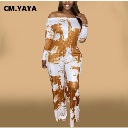 CM.YAYA Women Jumpsuit Print Full Sleeve Off Shoulder Slash Neck Stretchy Wide Leg Jumpsuits Fashion One Piece Overall Autumn
