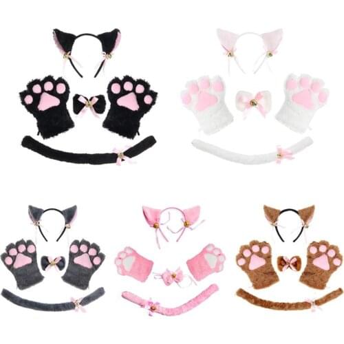 Women Lady Cat Kitty Maid Cosplay Costume Set Plush Ear Bell Headband Bowknot Collar Choker Tail Paws Gloves Anime Props