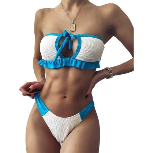 QINJOYER Women Sexy Bandeau Swimsuit Ruffle Bikini Bathing Suit Women 2 Pieces Swimsuit Strapless Thong Bikini Set 2021 Swimwear