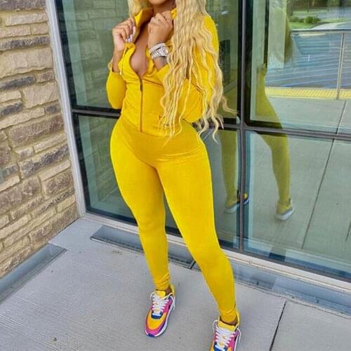 Women 2 Pcs Outfits Long Sleeve Zipper Hoodies Jacket Sweatshirt Skinny Leggings Pants Set Solid Color Sports Tracksuit