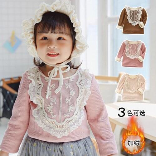 Baby Girls Winter Tshirt Lace Plus Velvet Thicken Cotton Tshirt for Girls Kids Cute Soft Warm Long Sleeve Shirt Child Clothing