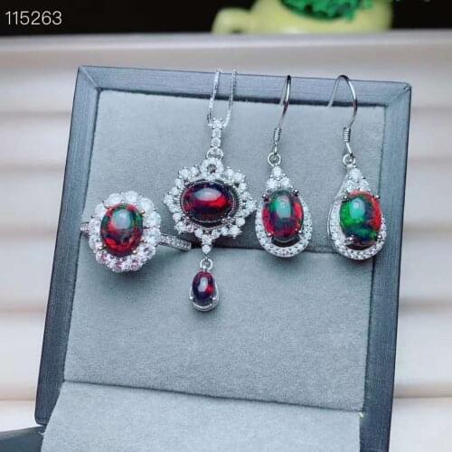 100% ETHIOPIAN natural Black opal OPAL 925 silver Ring Pendant Earring Set
